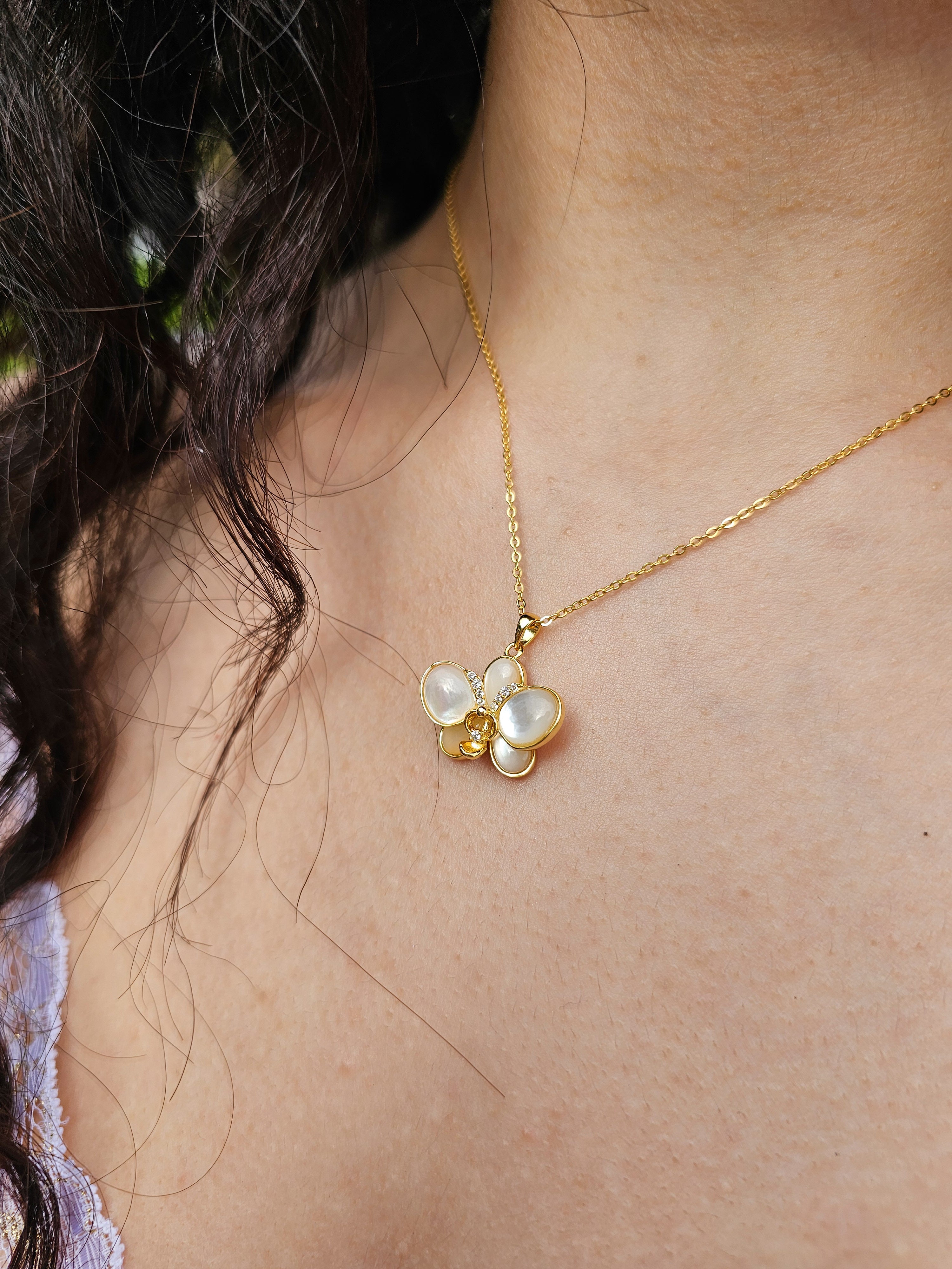 Mother of Pearl Orchid Pendant - Gold Plated